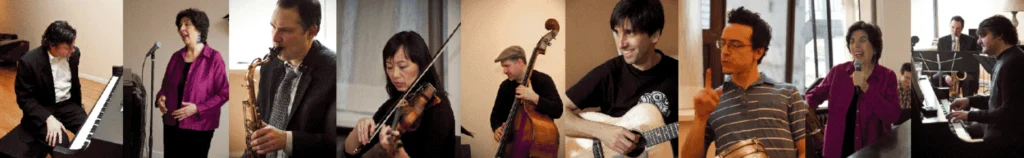 Musicians playing various instruments in a room.
